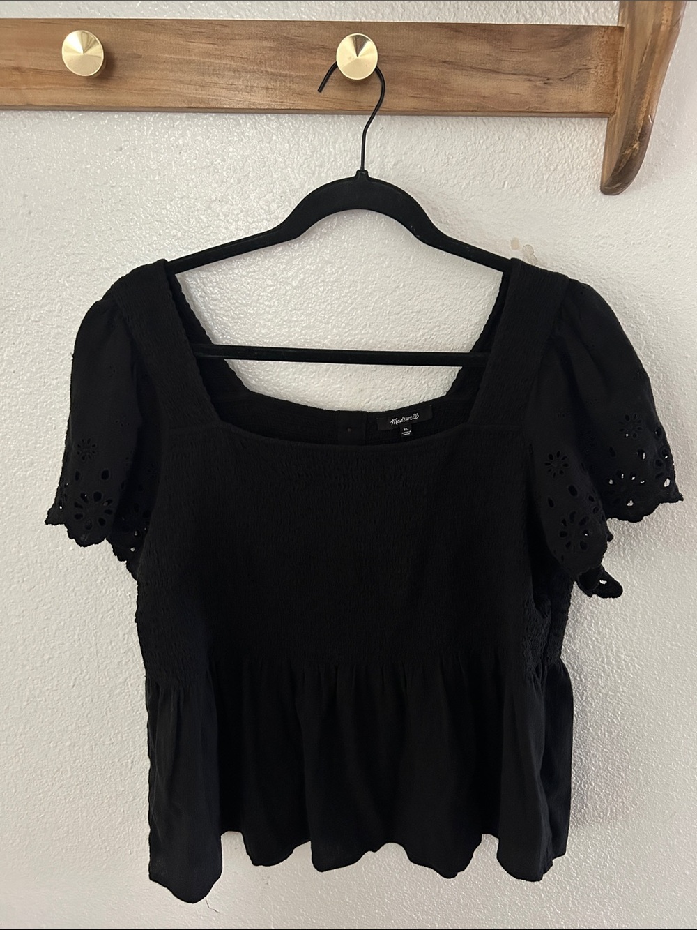 Madewell Black Square-Neck Eyelet Puff Sleeve Peplum Blouse